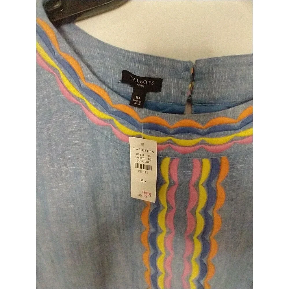 Talbots Linen Embroidered  Knee Length Dress 8p Blue Boho Beachy Cottagecore - Picture 7 of 8